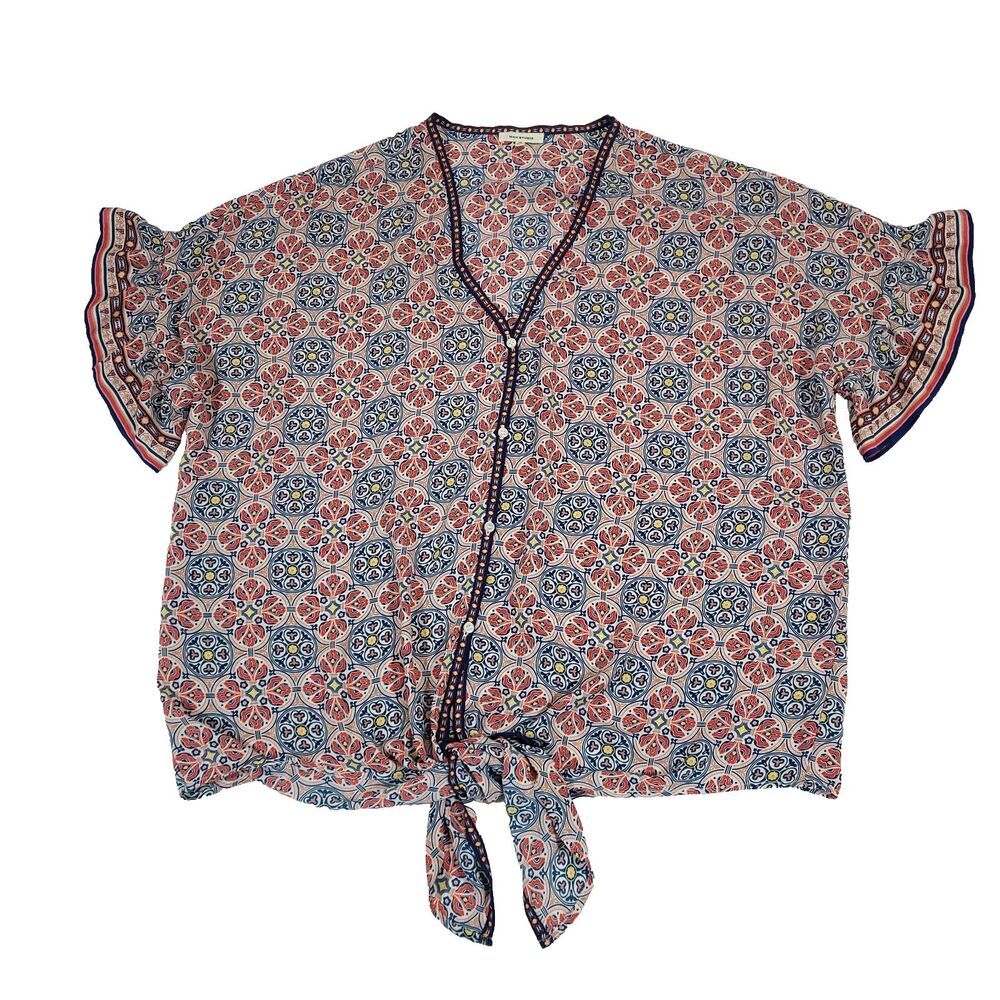 Mediterranean Geometric Max Studio Top Tie Waist 1X Button Flutter Sleeve Boho